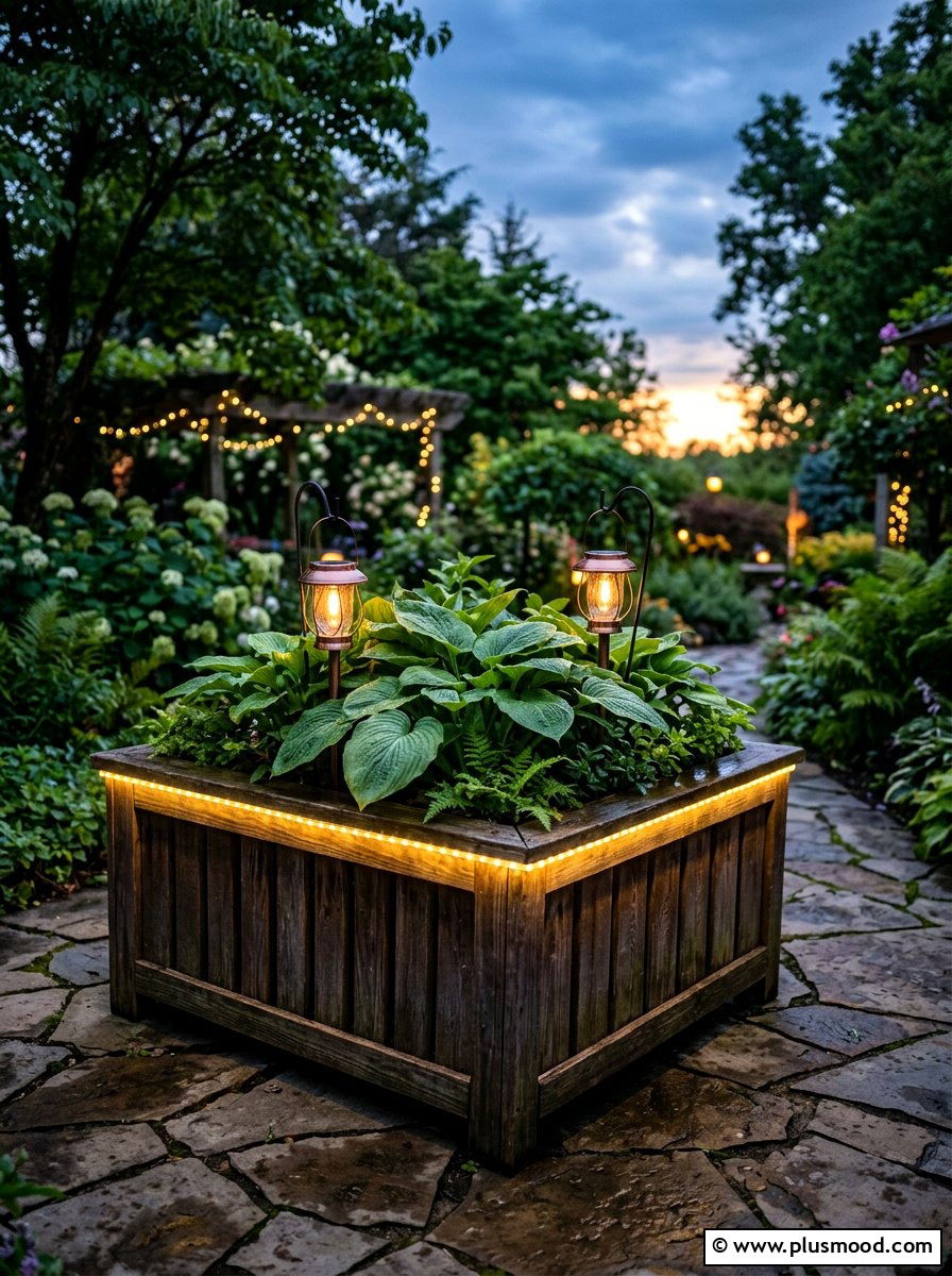 Planter With Solar Lights - 25 small backyard ideas with wooden planter