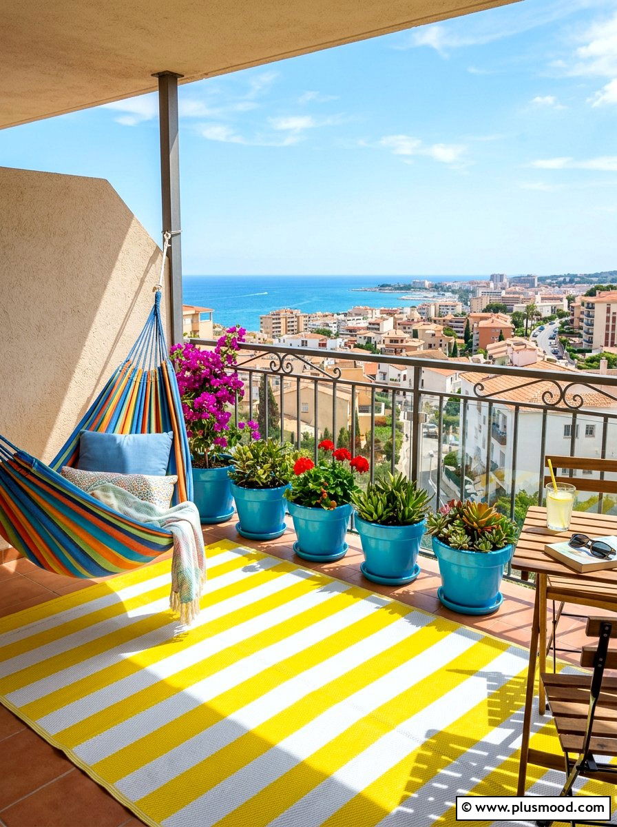 Plastic straw rug - 25 summer balcony floor decor ideas