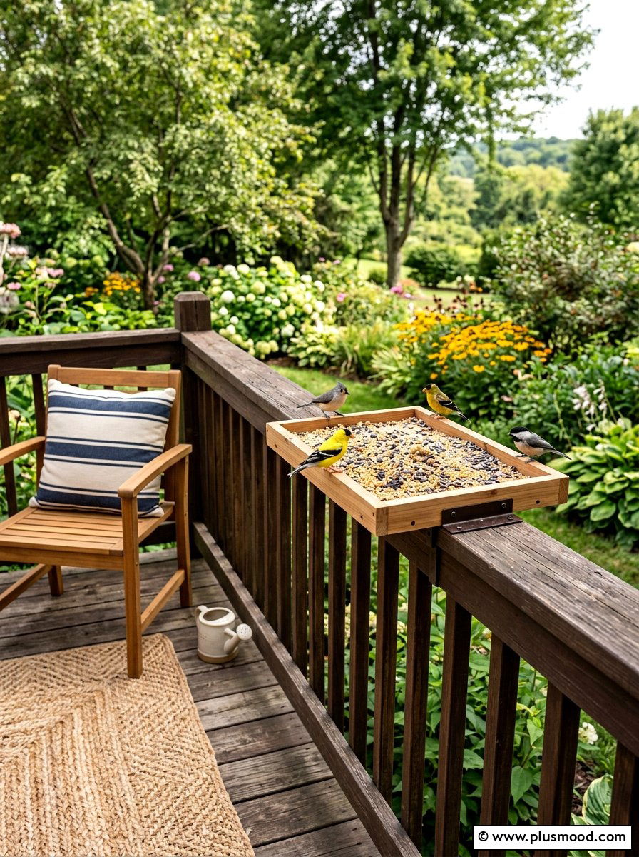 Platform bird feeder on deck - 25 small backyard ideas with bird feeders