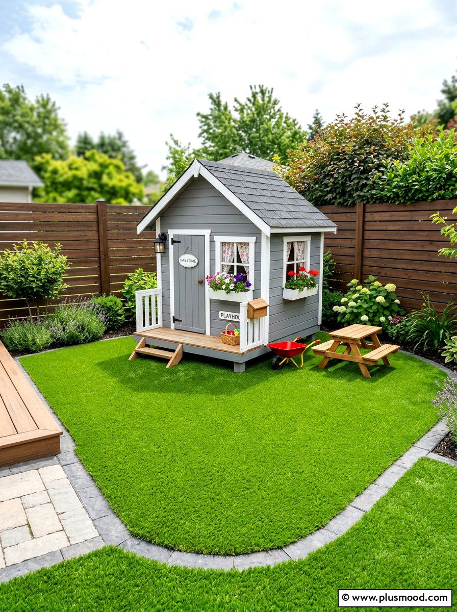 Playhouse with artificial grass area - 25 small backyard ideas with playhouse