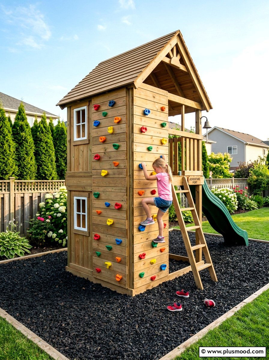 Playhouse with climbing wall on side - 25 small backyard ideas with playhouse