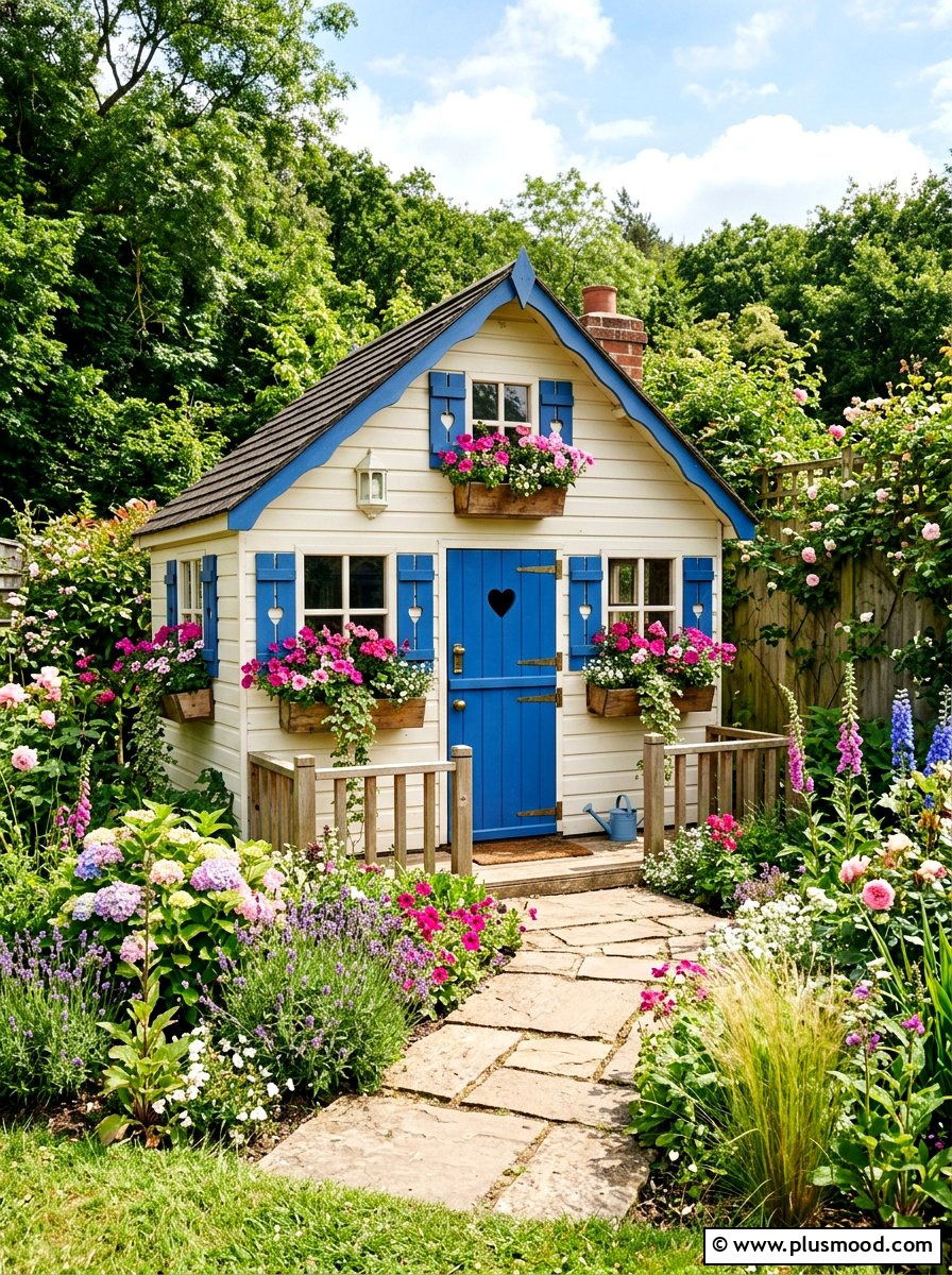 Playhouse with flower boxes and shutters - 25 small backyard ideas with playhouse