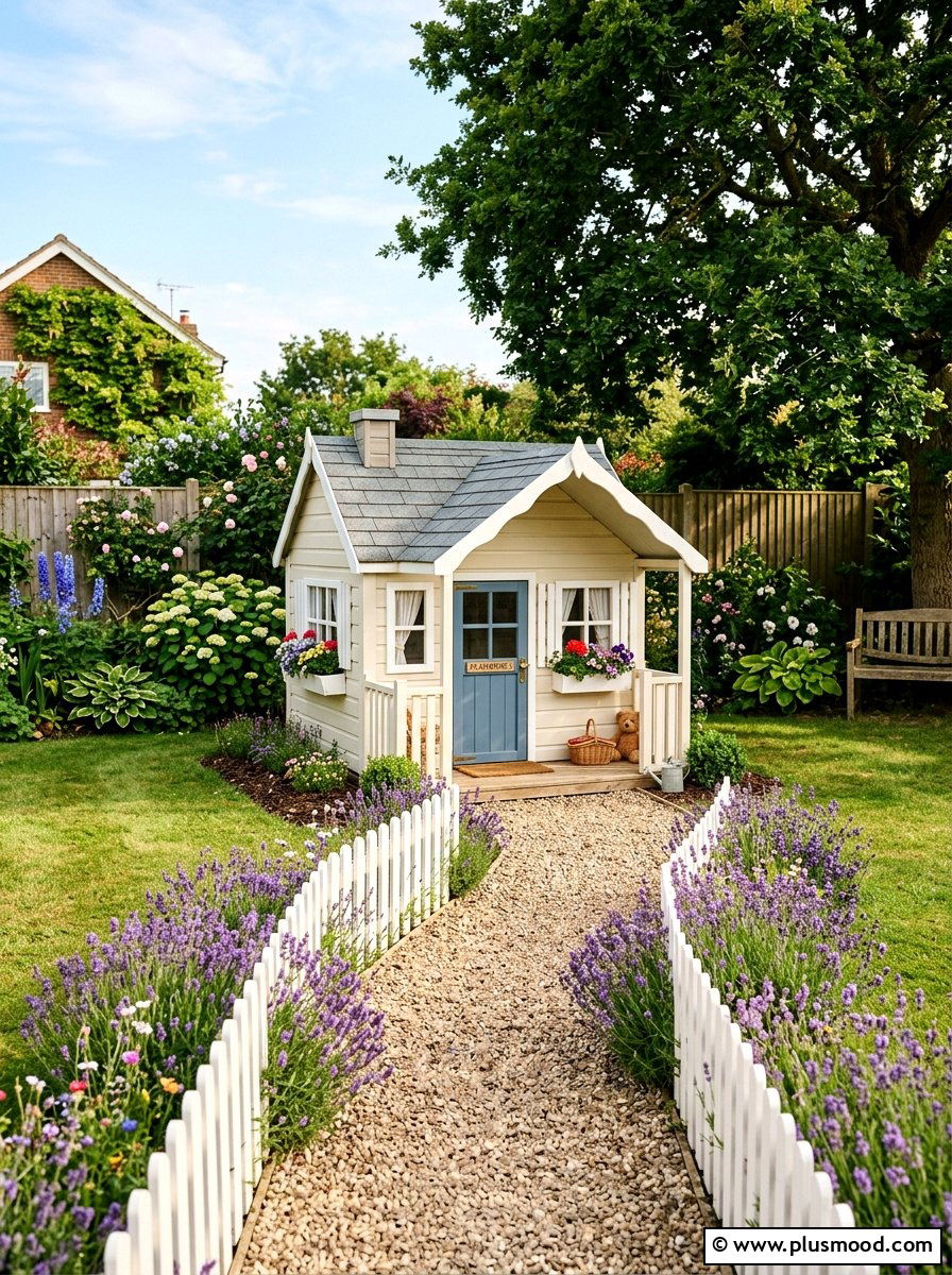 Playhouse with picket fence and garden path - 25 small backyard ideas with playhouse