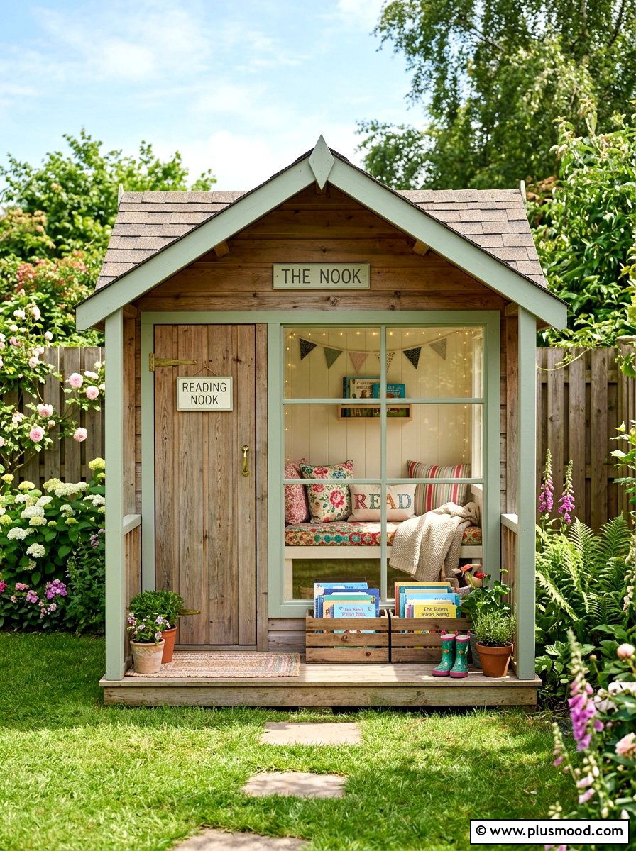 Playhouse with reading nook inside - 25 small backyard ideas with playhouse