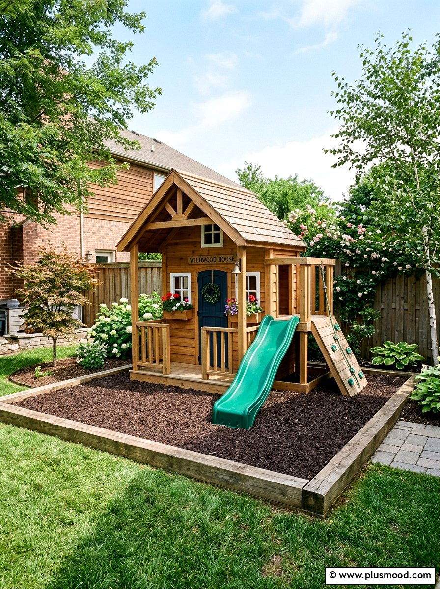 Playhouse with rubber mulch base - 25 small backyard ideas with playhouse