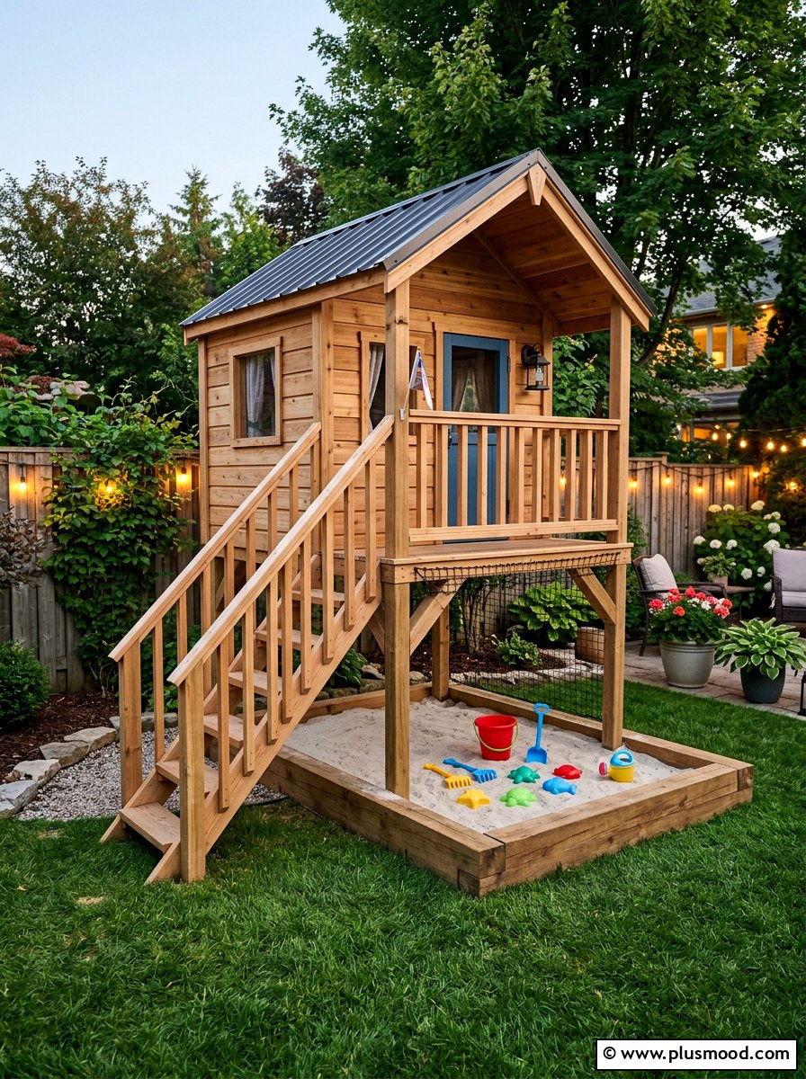 Playhouse with sandbox underneath - 25 small backyard ideas with playhouse