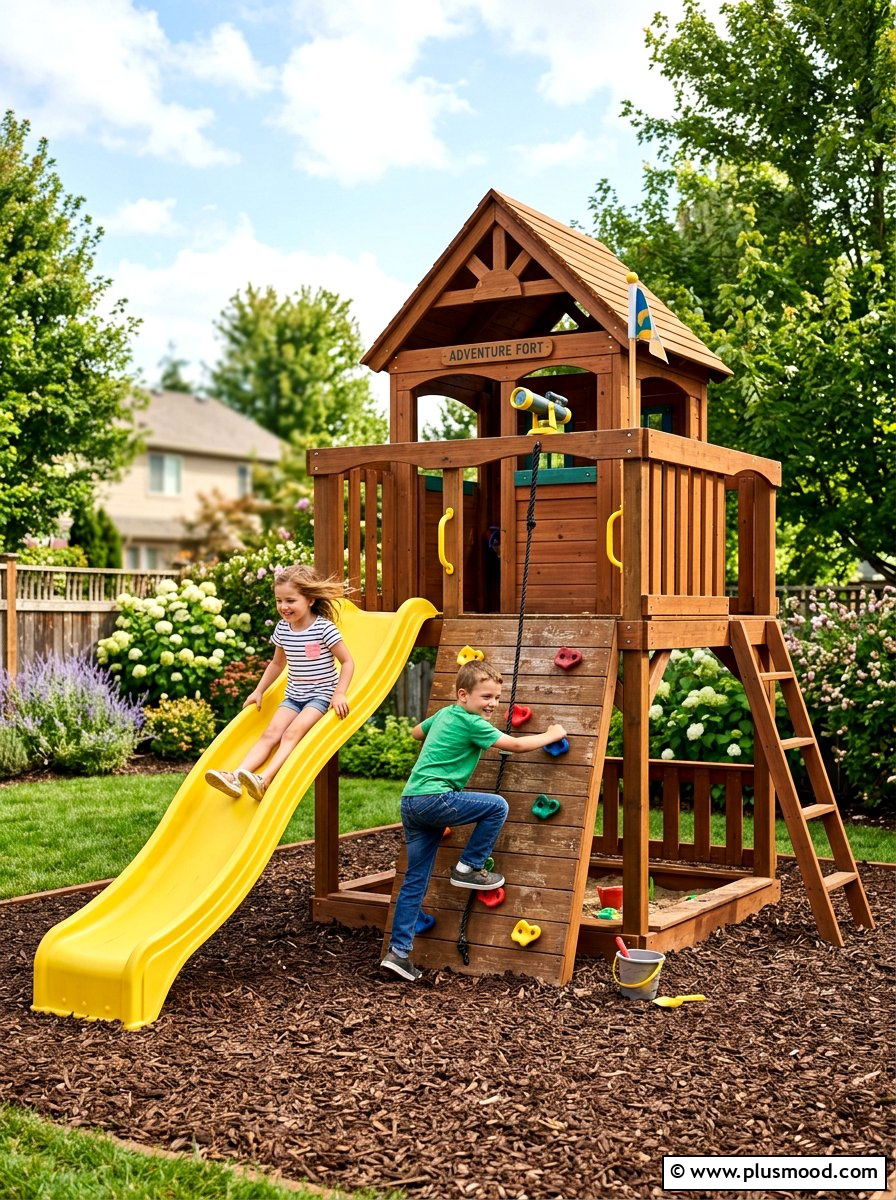 Playhouse with slide and rock wall combo - 25 small backyard ideas with playhouse