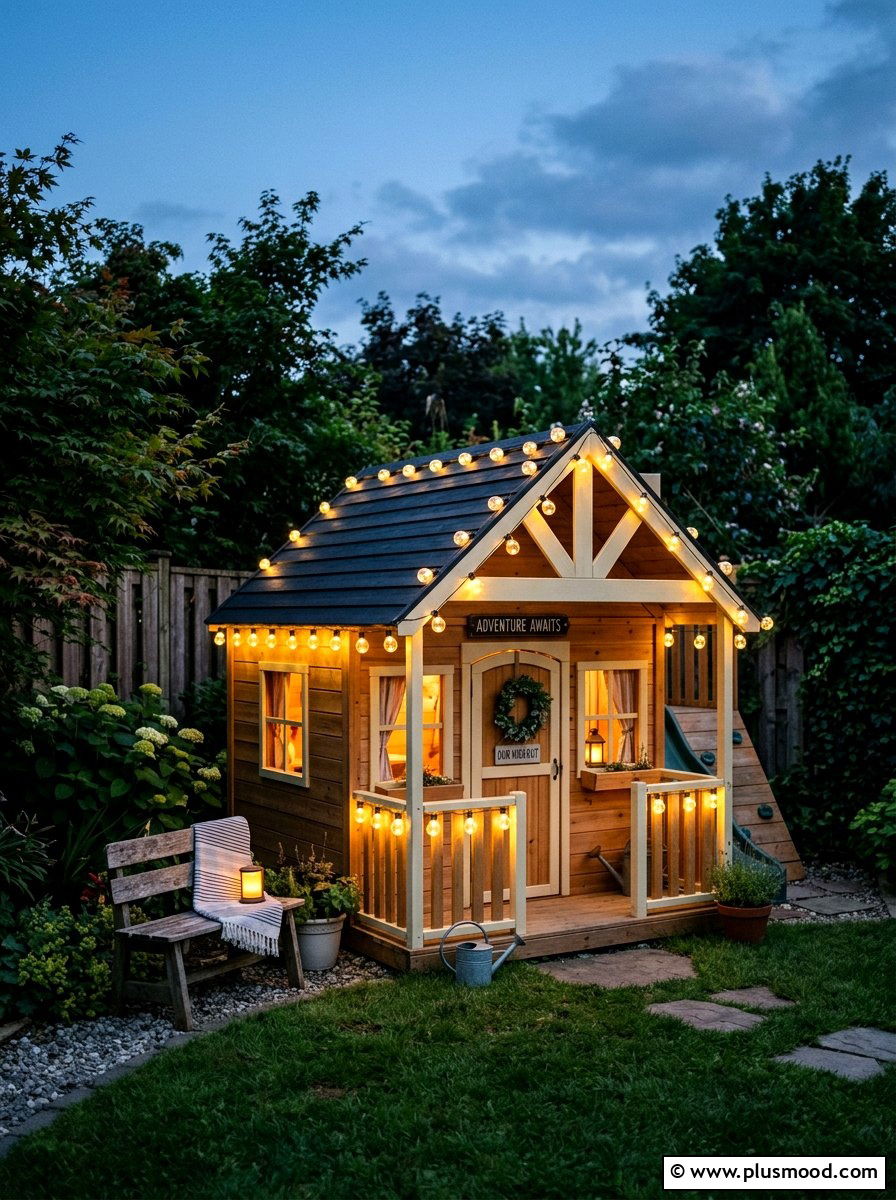 Playhouse with string lights and seating - 25 small backyard ideas with playhouse