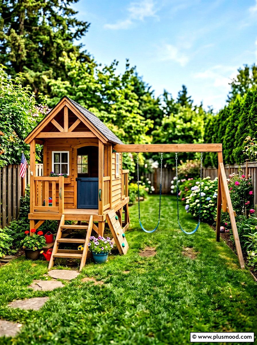Playhouse with swing set attached - 25 small backyard ideas with playhouse