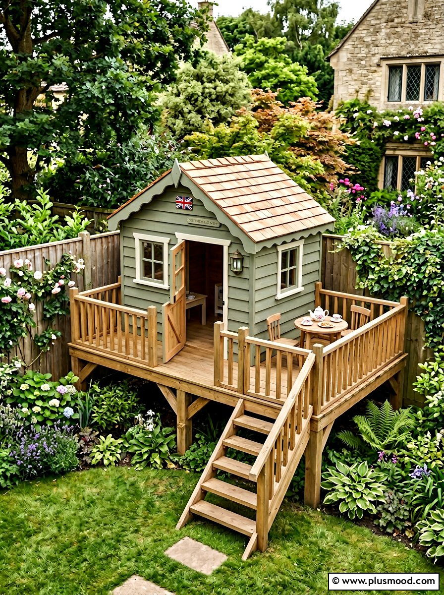 Playhouse with wrap around deck - 25 small backyard ideas with playhouse