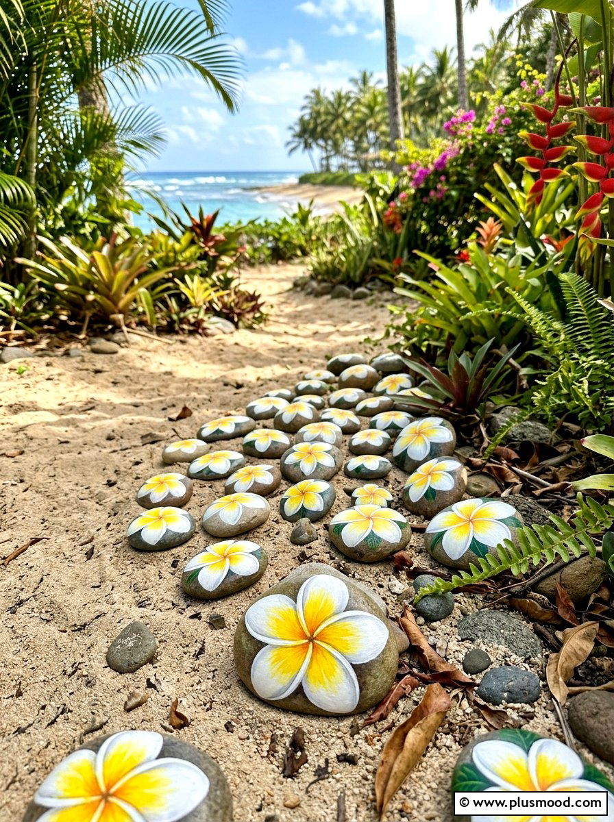 Plumeria Painted Rock - 25 painted rock ideas with flowers