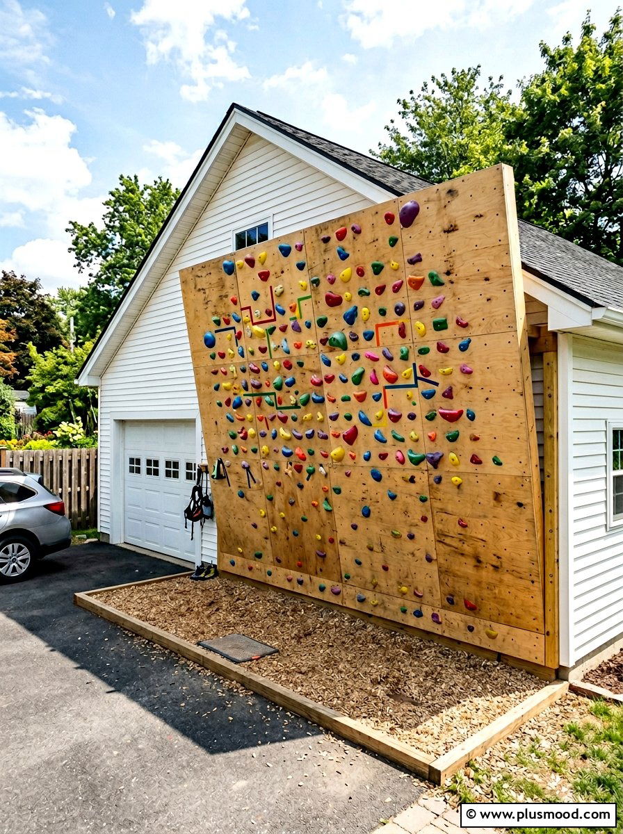 Plywood climbing wall on garage - 25 small backyard ideas with climbing wall