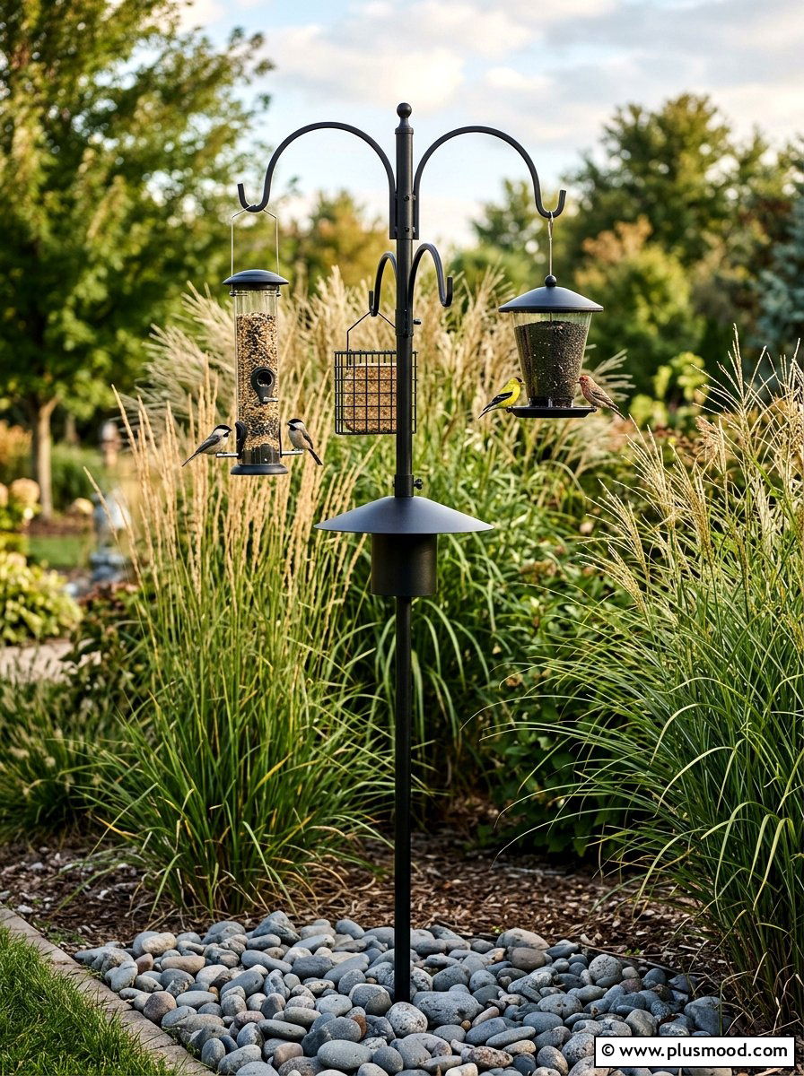 Pole bird feeder system - 25 small backyard ideas with bird feeders