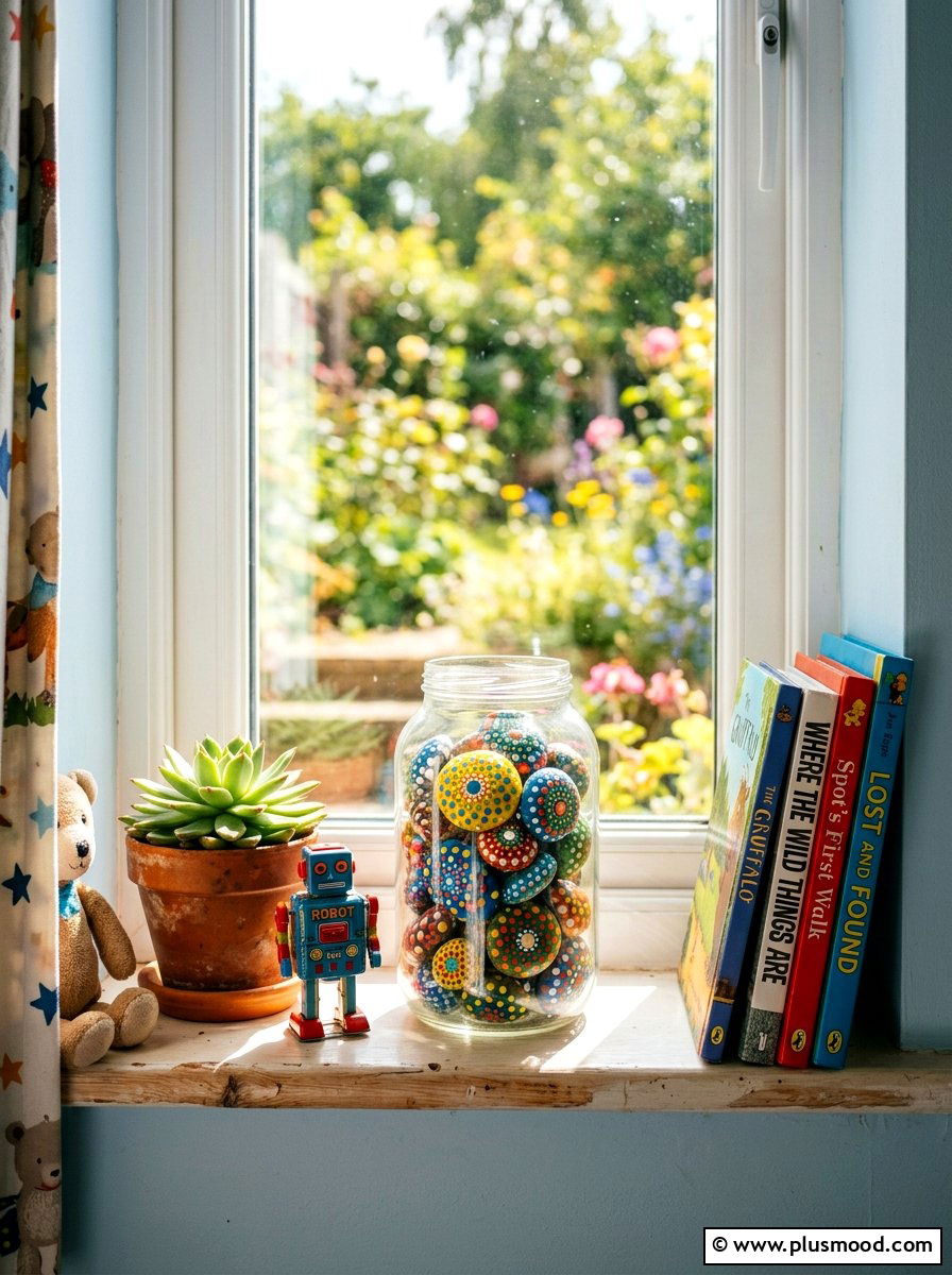 Polka Dot Stone Decor - 25 painted rock ideas for window sill display
