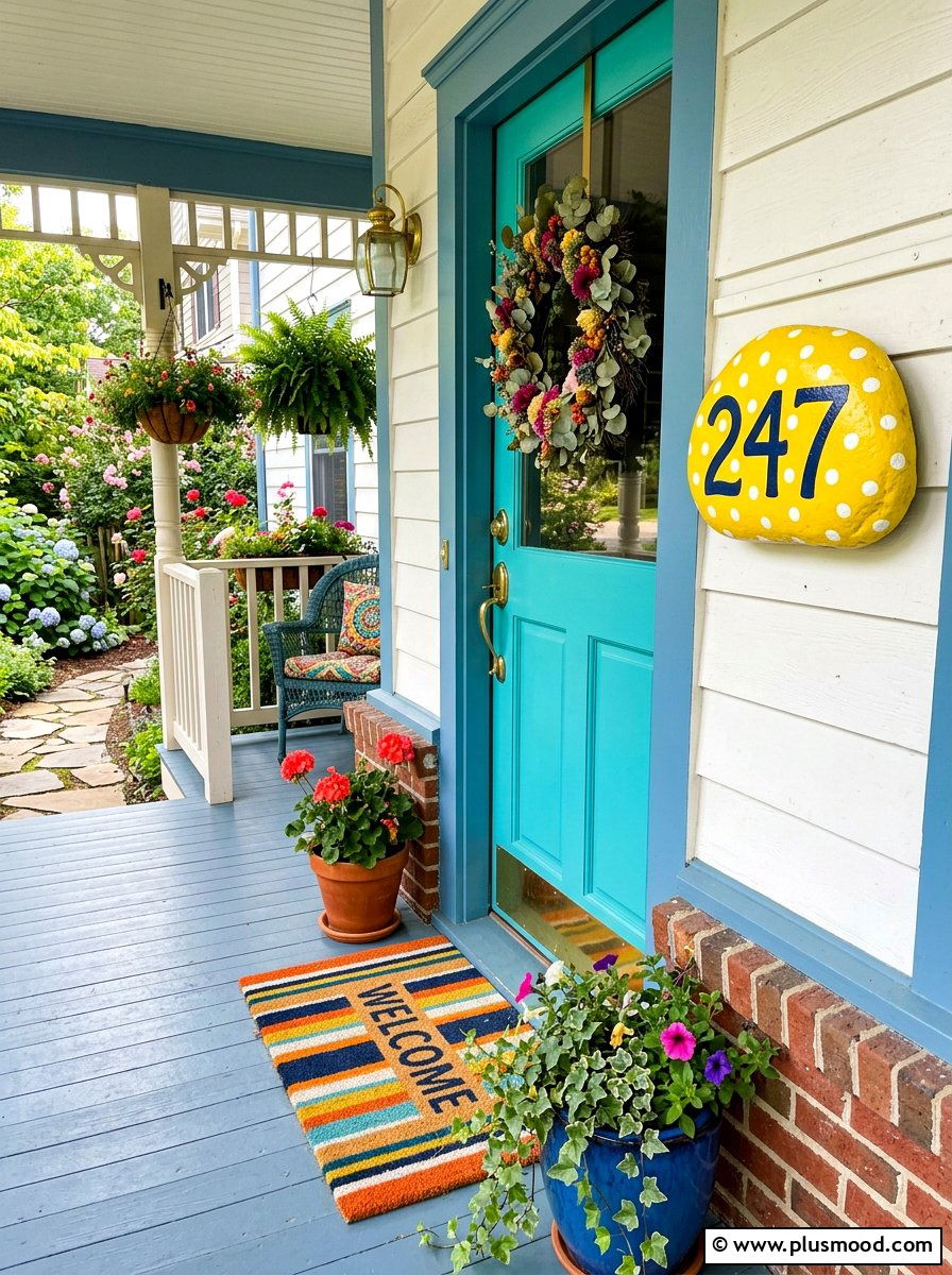 Polka dot house numbers stone - 25 painted rock ideas for address markers