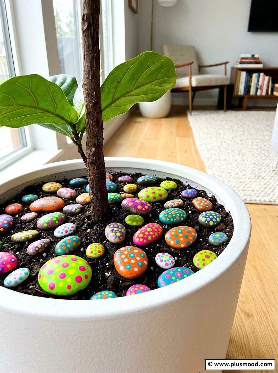 Polka dot rocks - 25 painted rock ideas for potted plant display