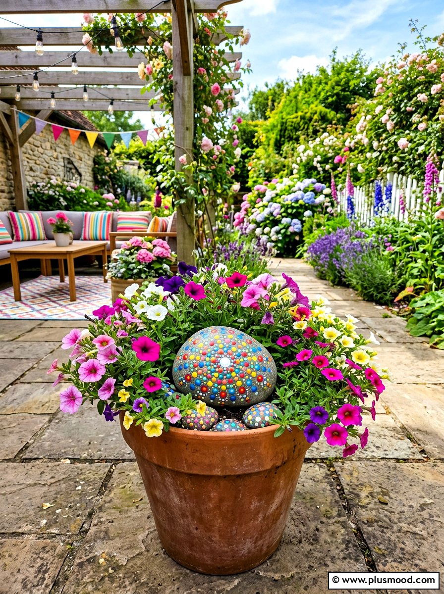 Polka dot stone for colorful garden - 25 painted rock ideas for plant pot decoration