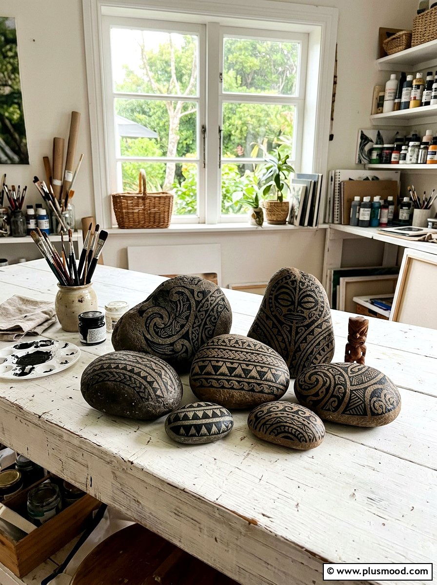 Polynesian tribal tattoo rock art - 25 painted rock ideas with tribal art
