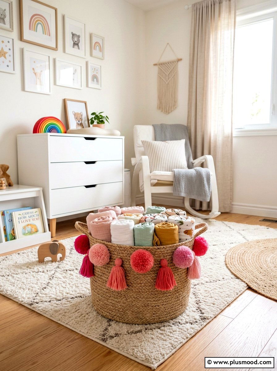 Pom Pom Basket Playful Accents - 25 summer blanket basket ideas for living room