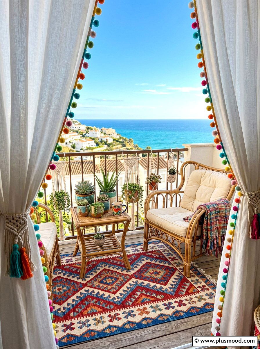 Pom Pom Trim Balcony Curtains - 25 summer balcony curtain ideas
