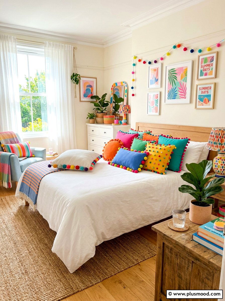 Pom pom trim pillows - 25 summer pillow ideas for bedroom