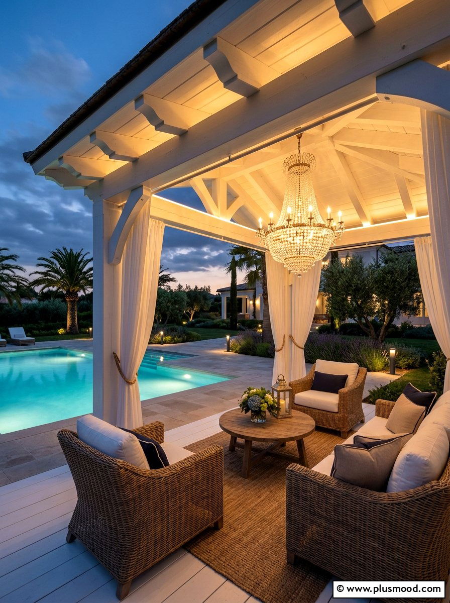 Pool Cabana With Dimmable Chandelier - 25 pool landscaping ideas with night lighting