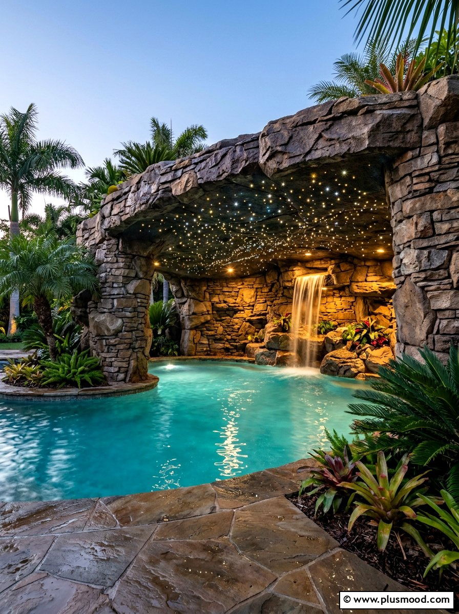 Pool Grotto With Fiber Optic Stars - 25 pool landscaping ideas with night lighting