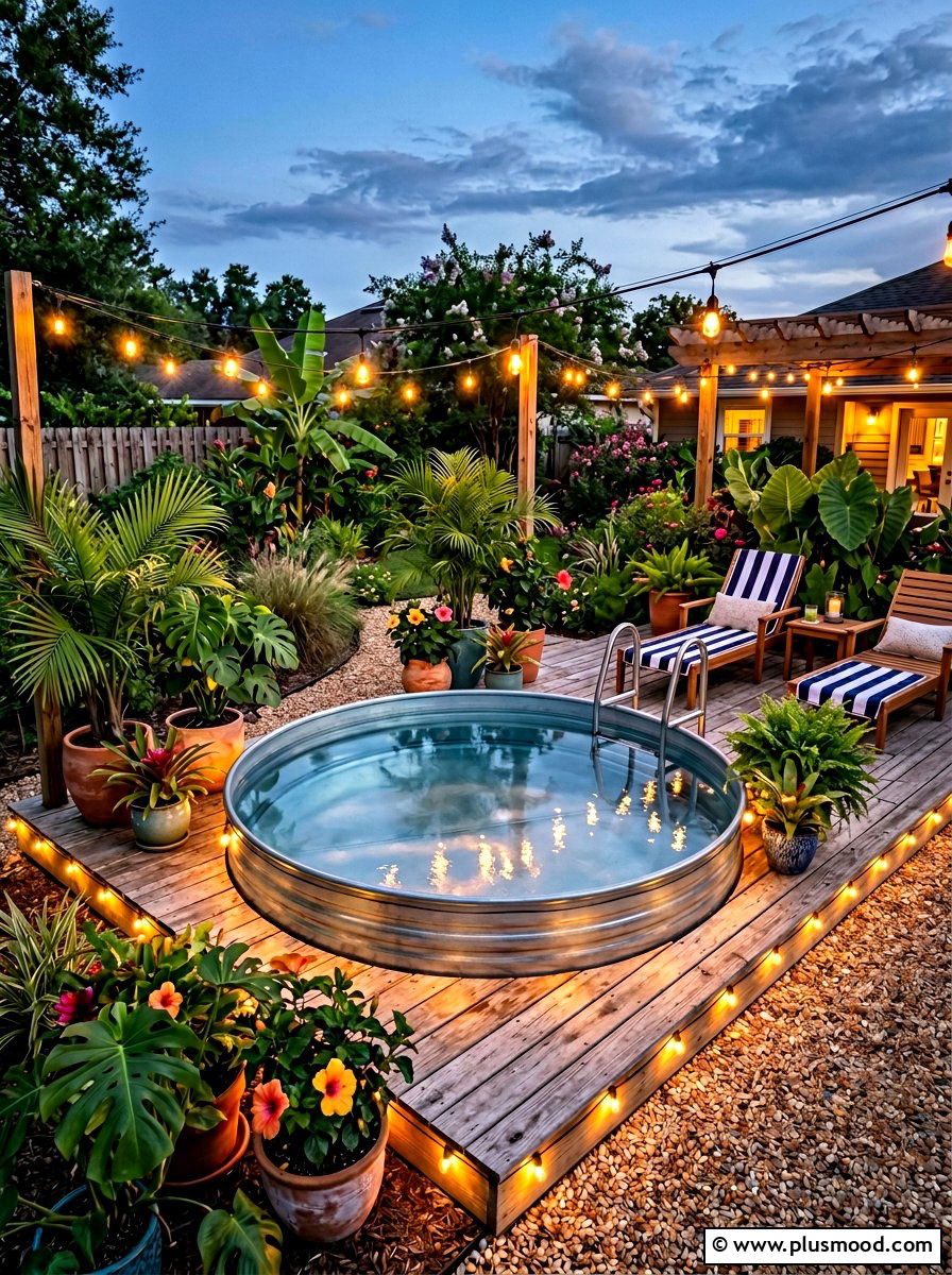 Pool Perimeter Lights - 25 small backyard ideas with string lights