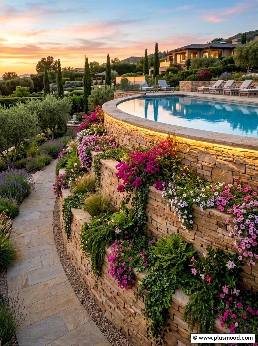 Pool Retaining Wall - 25 pool landscaping ideas with lighting