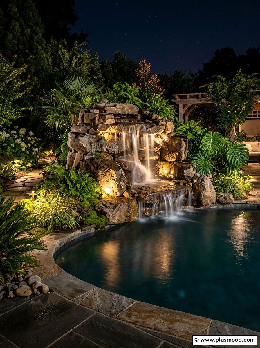 Pool Rock Waterfall - 25 pool landscaping ideas with lighting