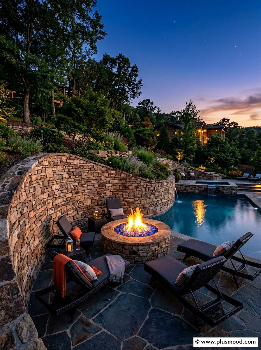 Pool Wall Integrated Fire Pit - 25 pool landscaping ideas with retaining wall