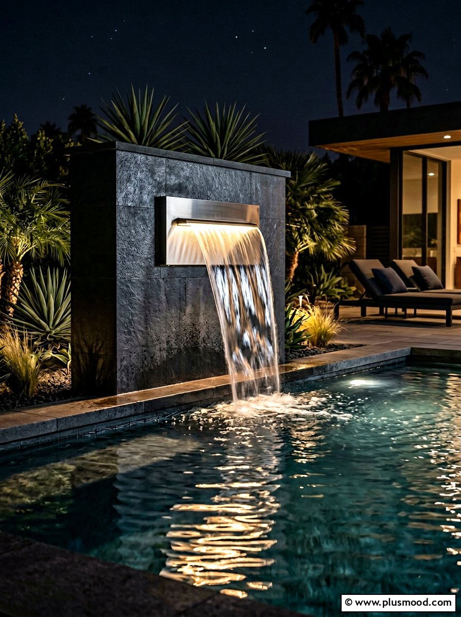 Pool Water Feature - 25 pool landscaping ideas with lighting