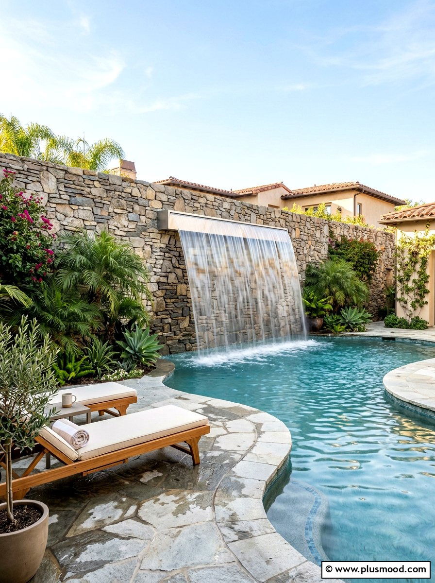 Pool Waterfall Feature - 25 pool landscaping ideas for courtyard pools