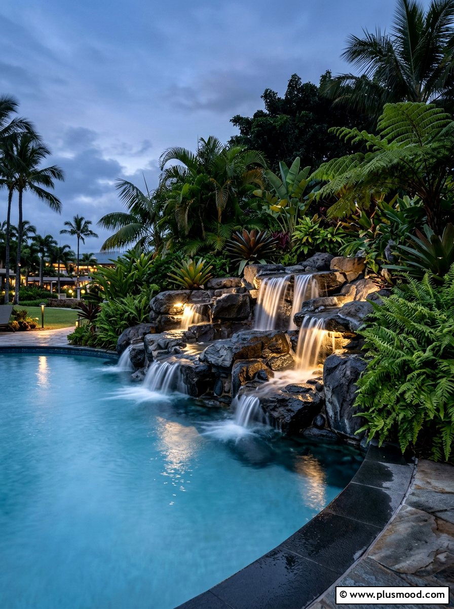 Pool Waterfall With LED Lighting - 25 pool landscaping ideas with night lighting
