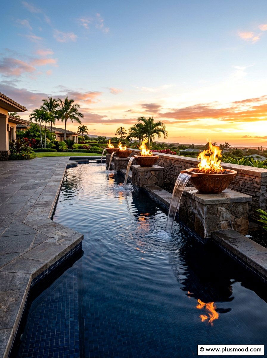 Pool With Fire Bowl Spillway - 25 pool landscaping ideas with water features