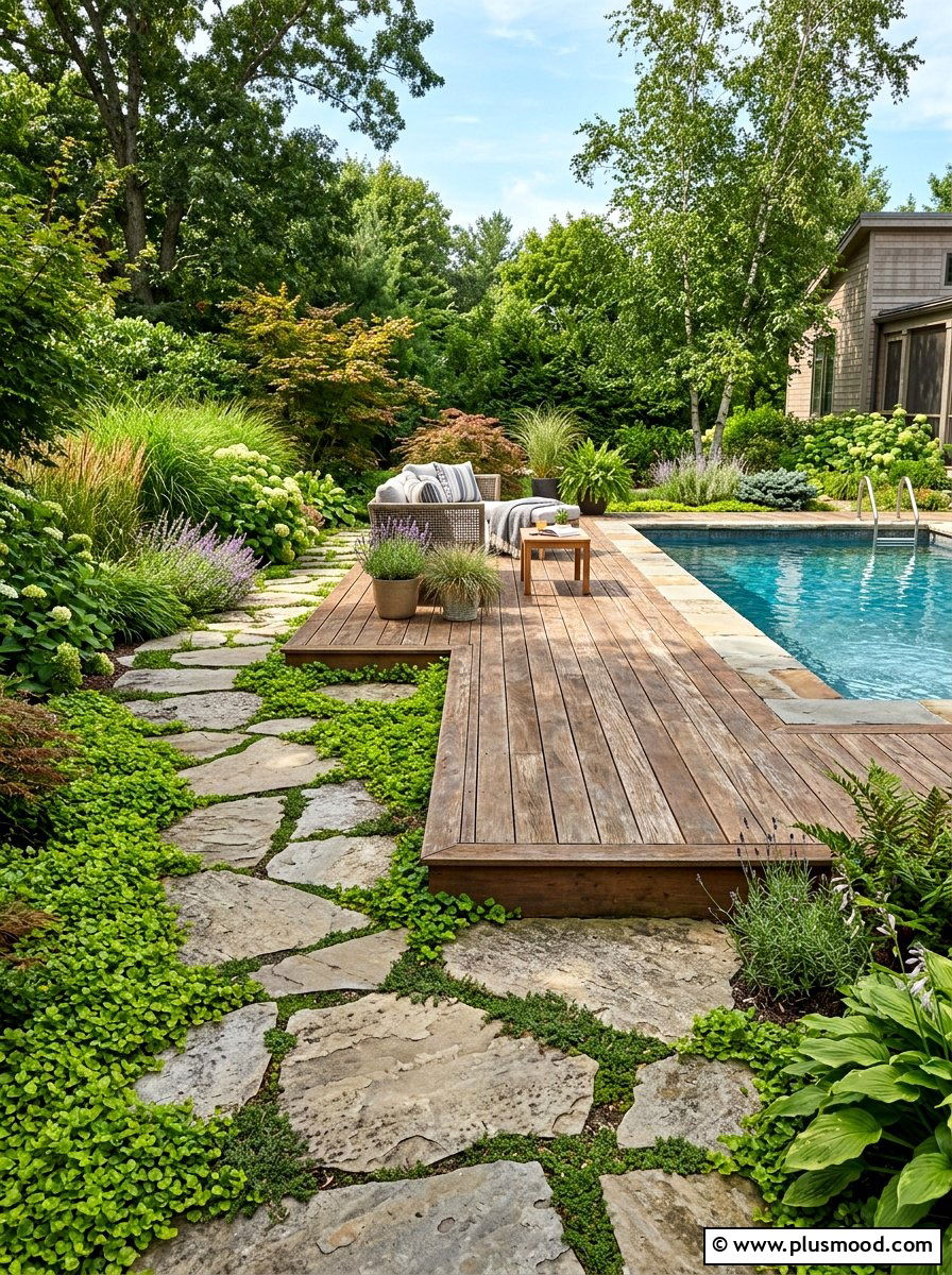 Pool area with wood deck and stone walkway - 25 pool landscaping ideas with wooden deck