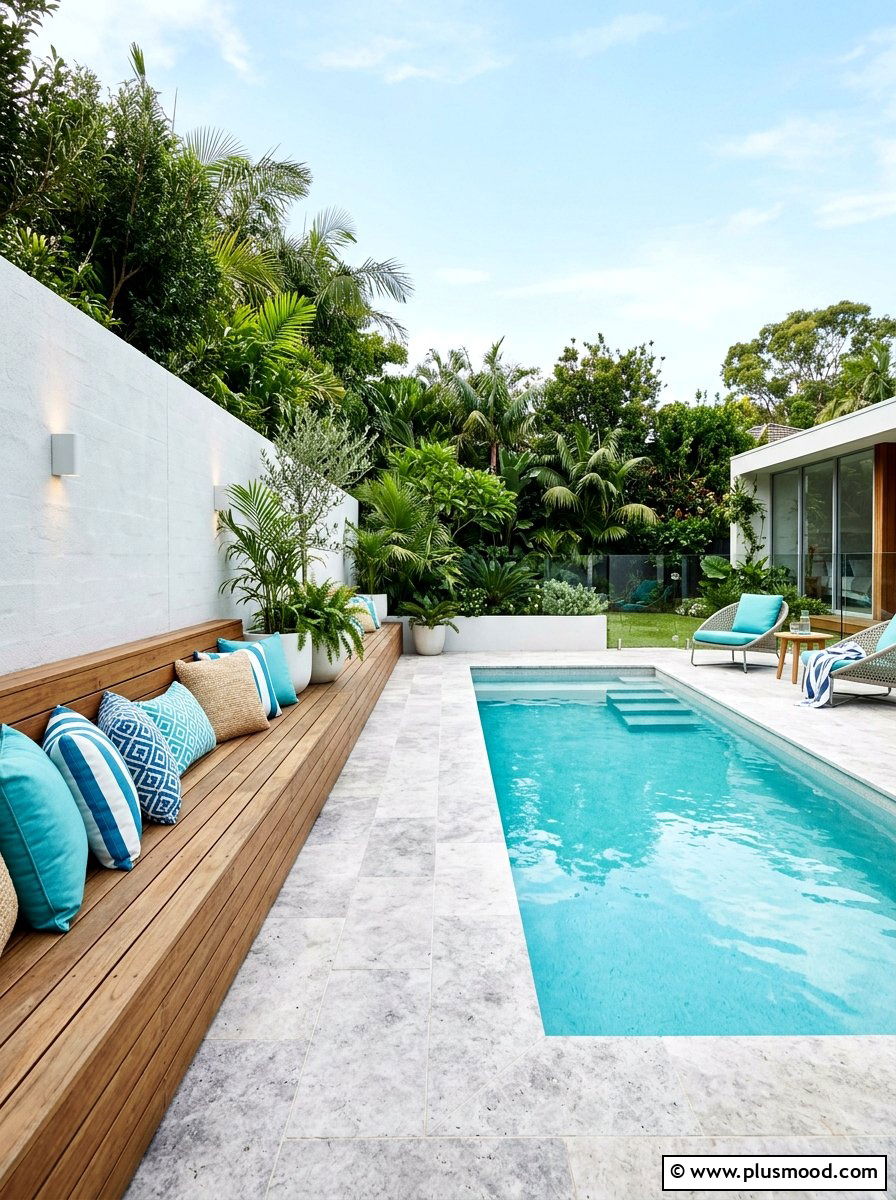 Pool built in bench seating - 25 pool landscaping ideas for small lots