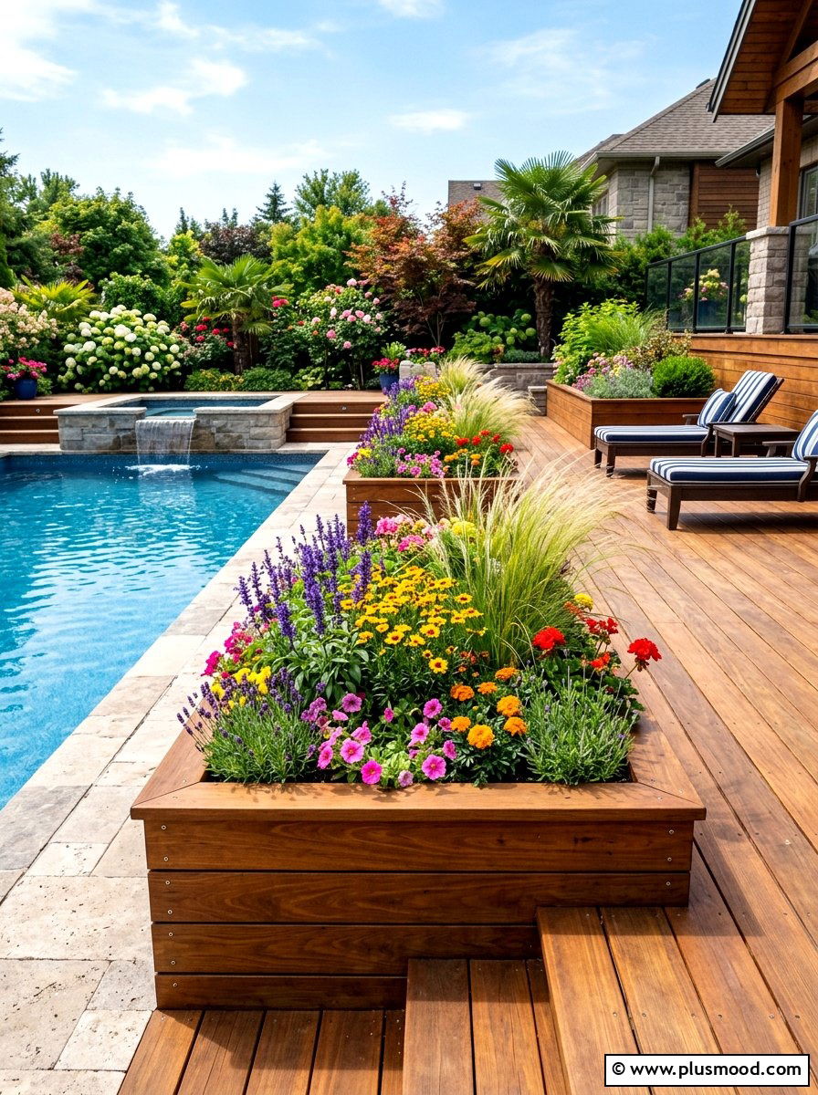 Pool deck with built in wood planter boxes - 25 pool landscaping ideas with wooden deck