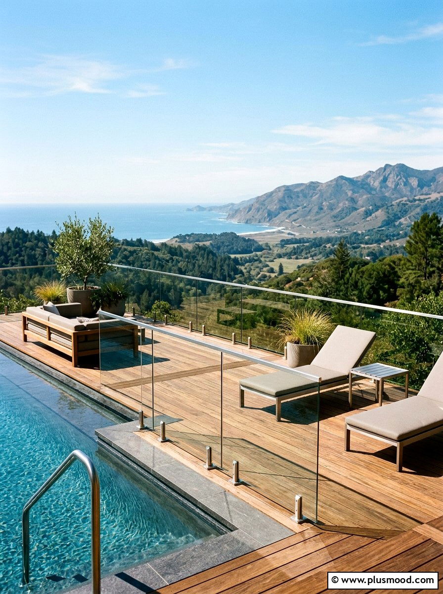 Pool deck with glass railing and wood platform - 25 pool landscaping ideas with wooden deck