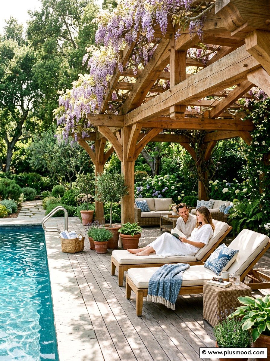 Pool deck with wood pergola and greenery - 25 pool landscaping ideas with wooden deck