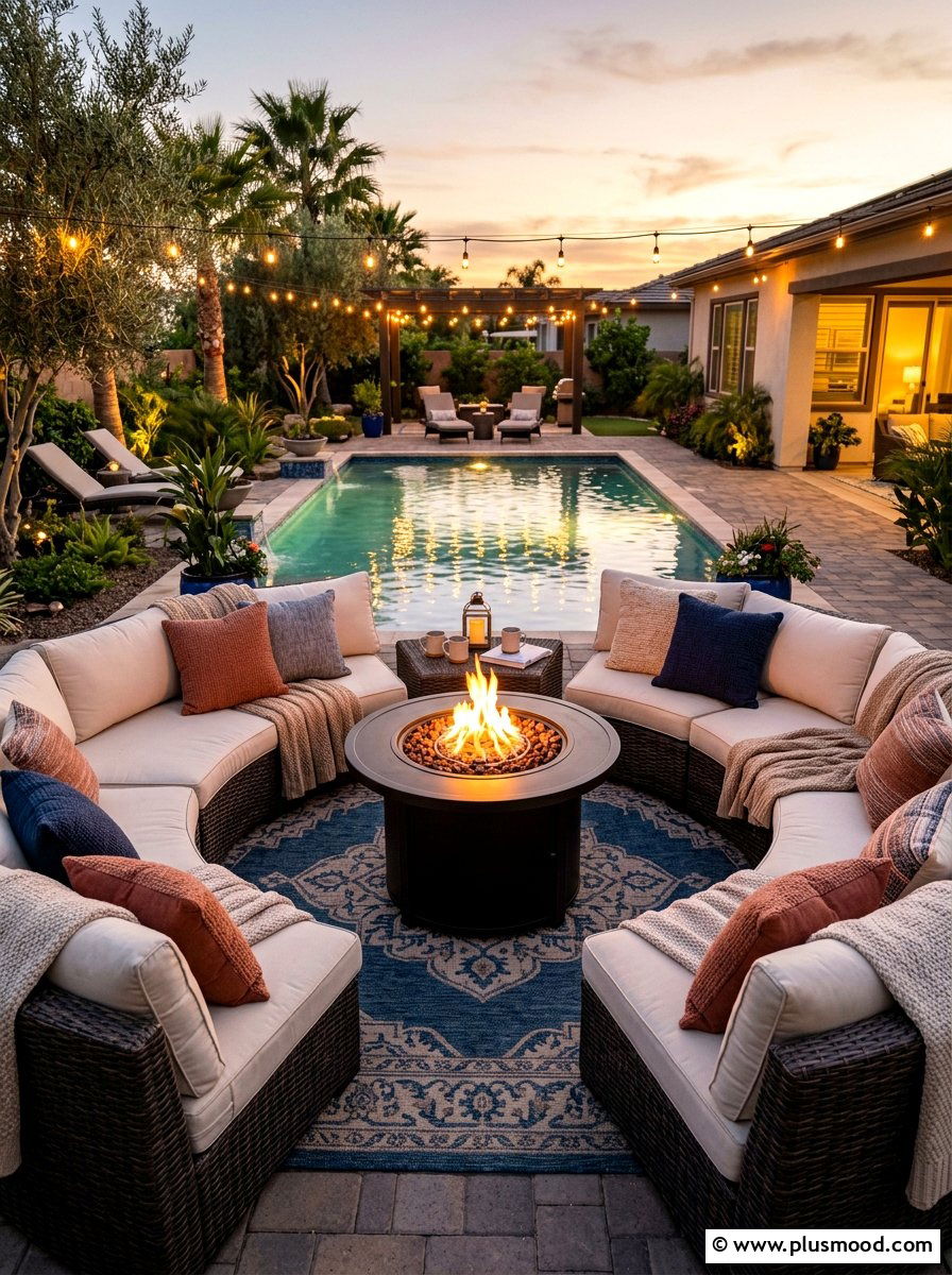 Pool fire pit seating area - 25 pool landscaping ideas with fire feature