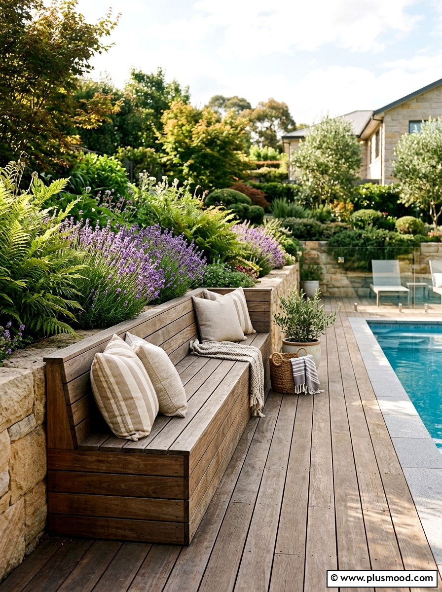 Pool landscaping with integrated wood bench - 25 pool landscaping ideas with wooden deck