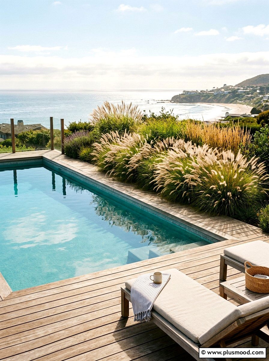 Pool landscaping with ornamental grasses and wood deck - 25 pool landscaping ideas with wooden deck