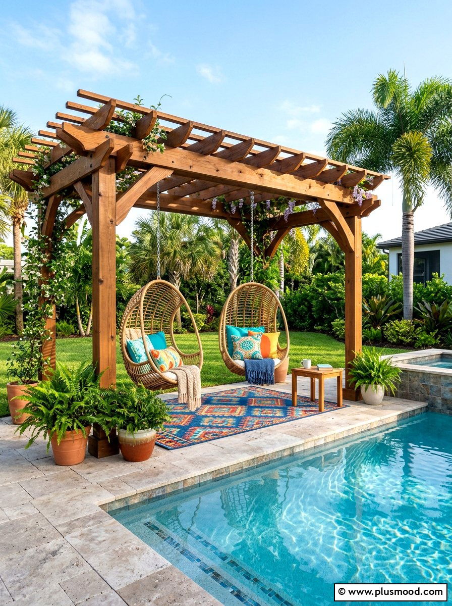 Pool pergola with hanging chairs - 25 pool landscaping ideas with pergola shade