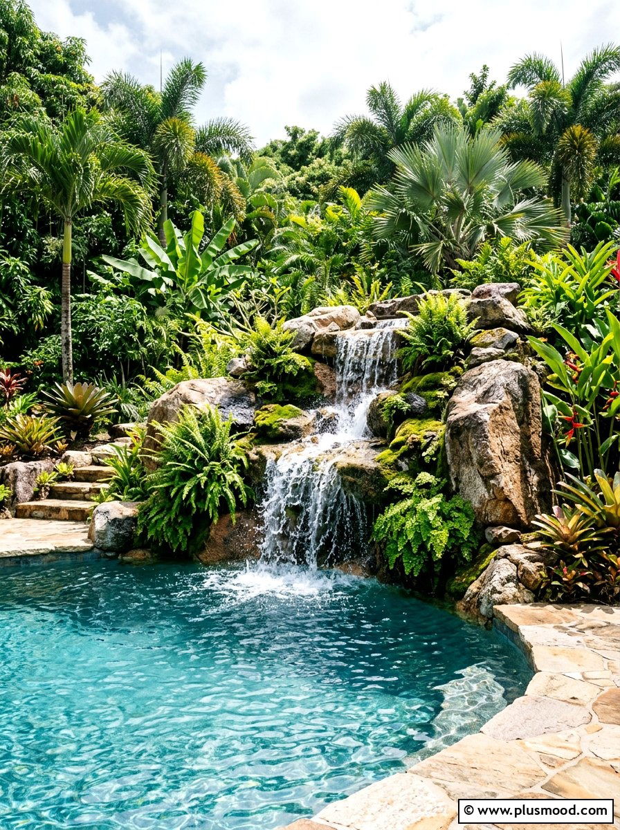 Pool rock waterfall with ferns - 25 pool landscaping ideas with tropical plants