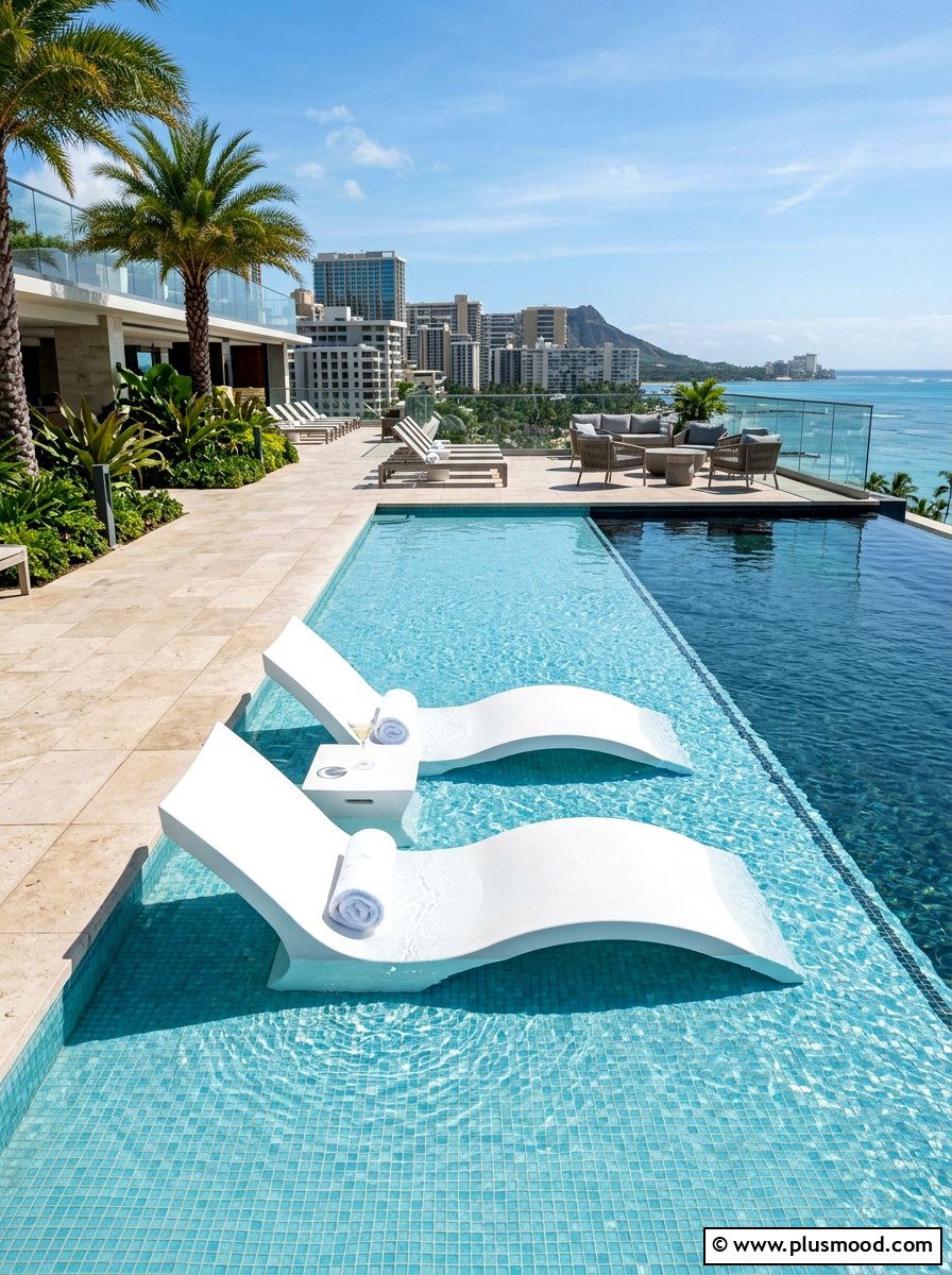 Pool sun shelf - 25 pool landscaping ideas for rooftop pools