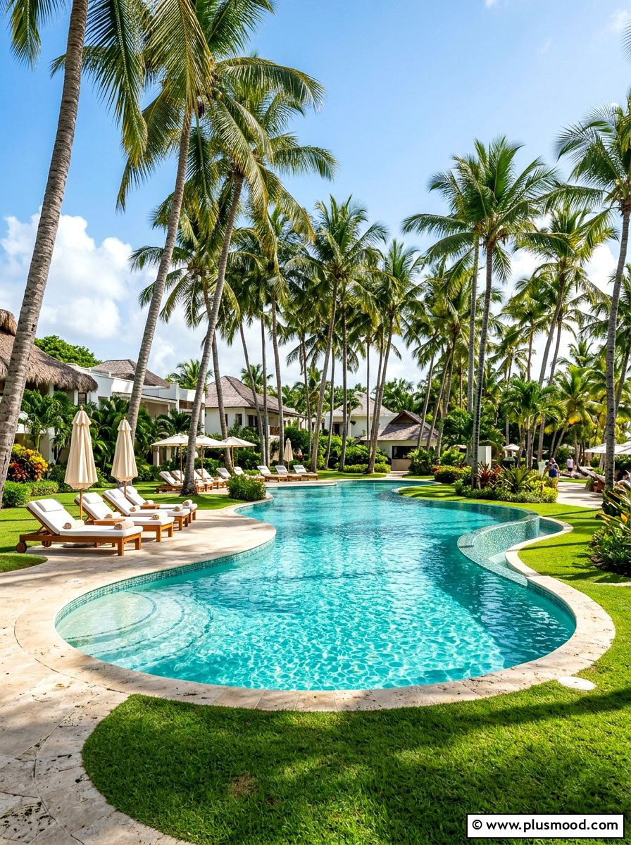Pool with grass and palm trees - 25 pool landscaping ideas with grass