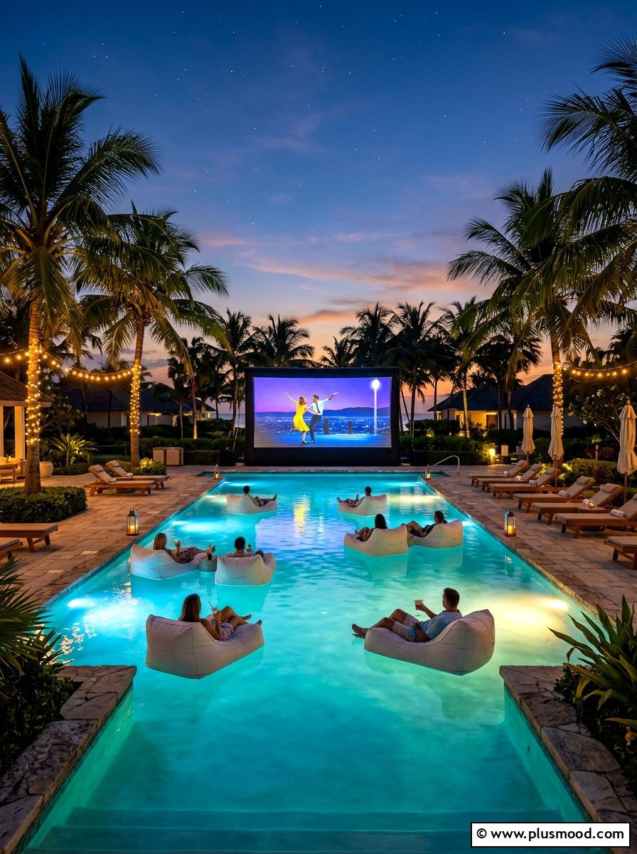 Poolside Cinema View - 25 summer movie night backyard ideas