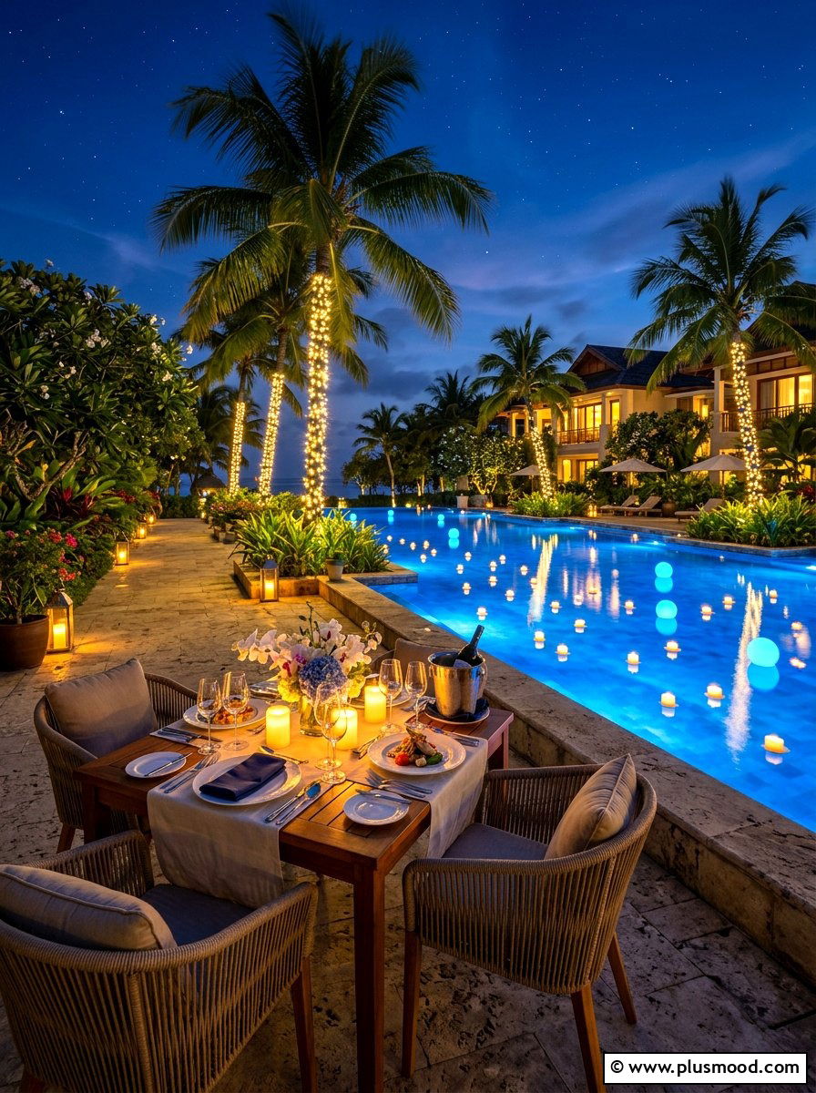 Poolside Evening Dining Setup - 25 late summer outdoor dining ideas