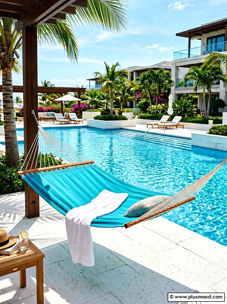 Poolside Fabric Hammock - 25 summer backyard hammock ideas